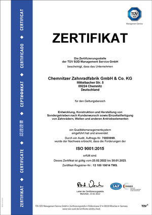 Zertifikat DIN ISO 9001 2015 German